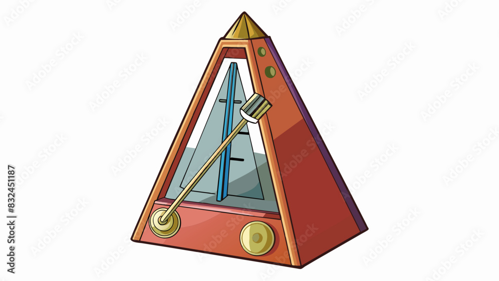 Poster The steady beat of a metronome a small device with a swinging arm that ticks back and forth at a consistent tempo. The metronome is made of metal and. Cartoon Vector.