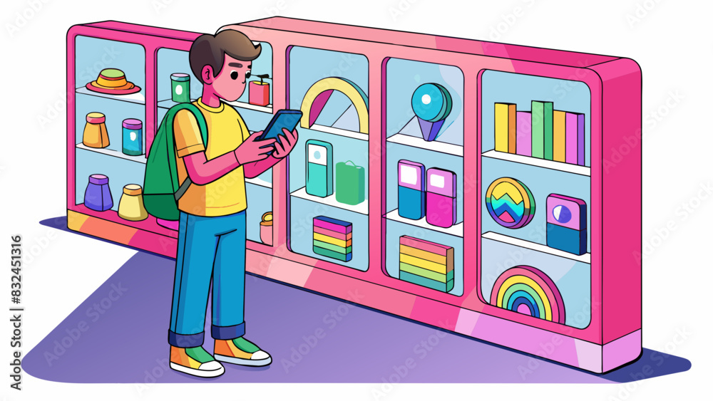 Poster the third consumer is a teenager browsing through a tech store looking for a new phone case. they ar