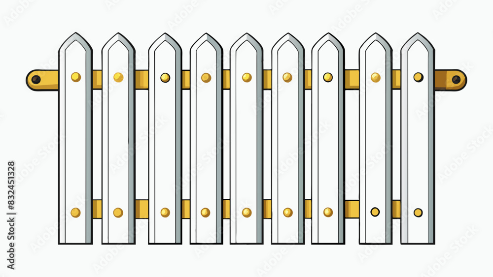 Poster The third gate is made of white picket fence style with evenly spaced vertical wooden slats and pointed tops. The gate has a latch handle and a shiny. Cartoon Vector.