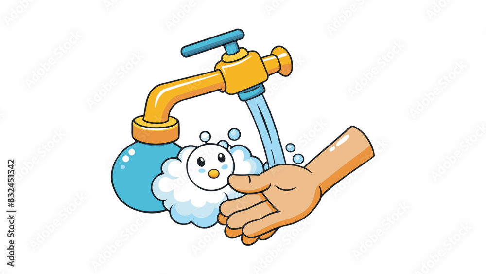 Aufkleber The third illustration depicts a pair of hands holding a bar of soap under a running faucet. The soap is white and smooth with small bubbles forming. Cartoon Vector.