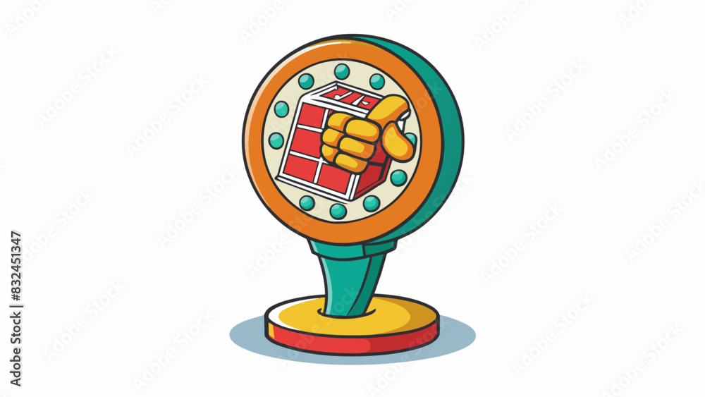Poster The token is a round plastic disk with a diameter of about 2 inches. It has a raised image of a hand holding a hammer on one side and a flat surface. Cartoon Vector.