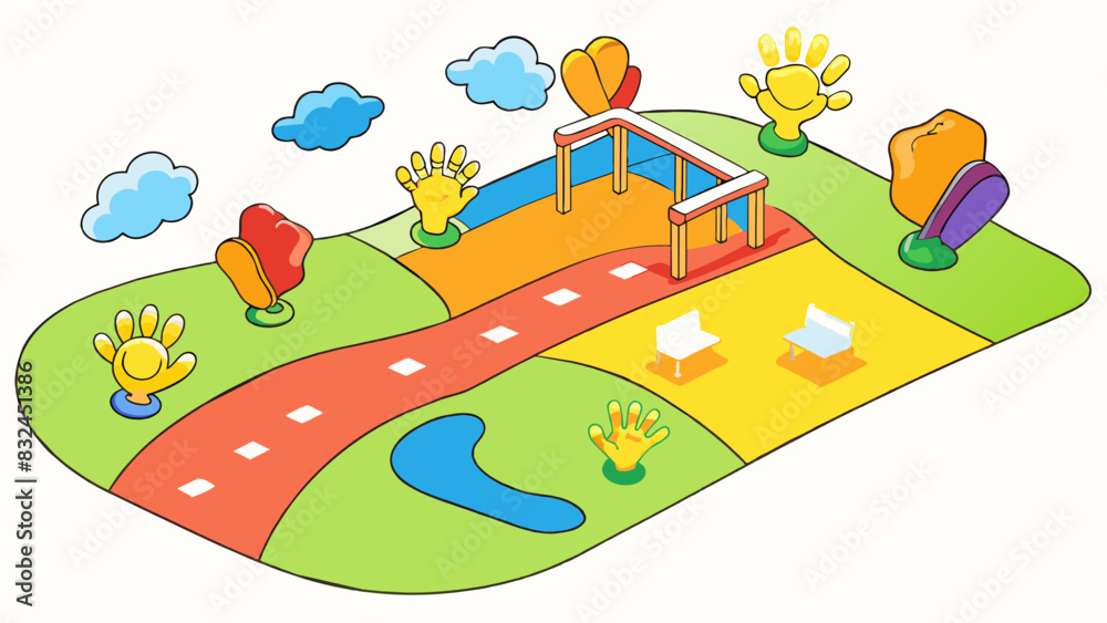 Poster the track at the school playground is covered in colorful handprints and hopscotch drawings. childre