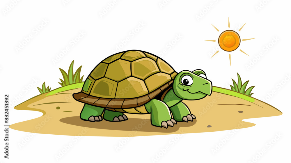 Poster The tortoise plodded along the dusty path its heavy shell weighing it down. Its pace was slow but steady never faltering despite the hot sun beating. Cartoon Vector.