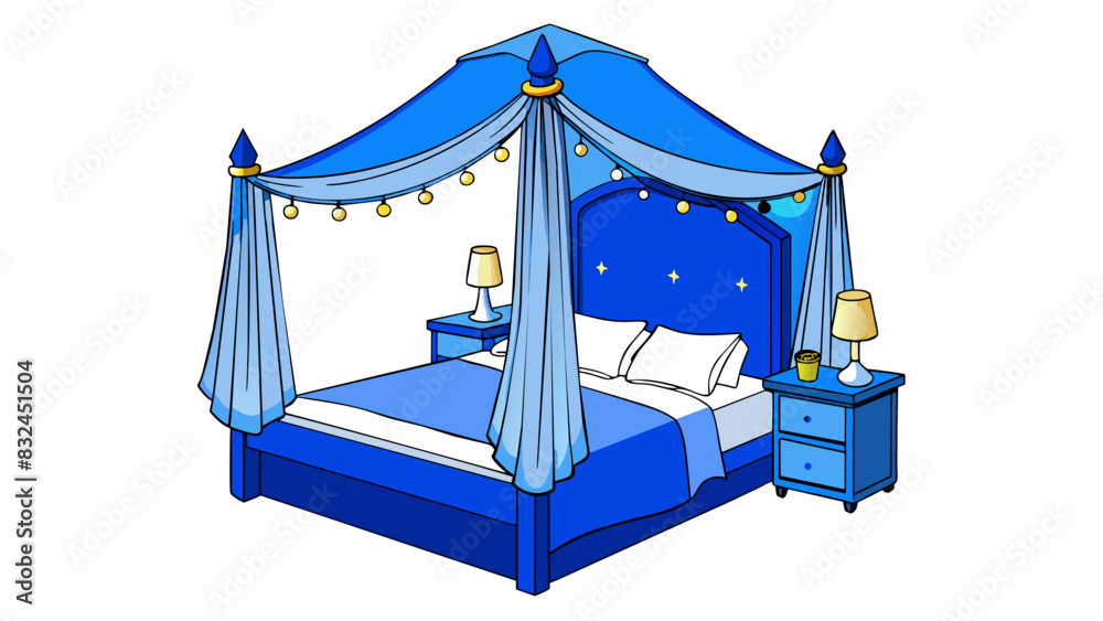Poster the walls of the residents bedroom were painted a deep blue with a white canopy bed adorned with str