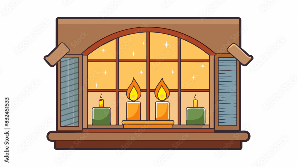 Poster The warm glow of candles flickers in windows inviting you to rest and relax in the comfort of your home as the days grow shorter.. Cartoon Vector.