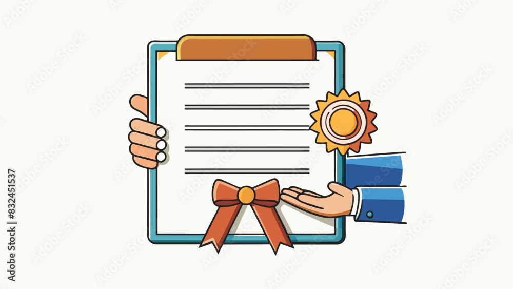 Poster The winners certificate was held with beaming hands showcasing an elegant script and official seal that signaled their success.. Cartoon Vector.