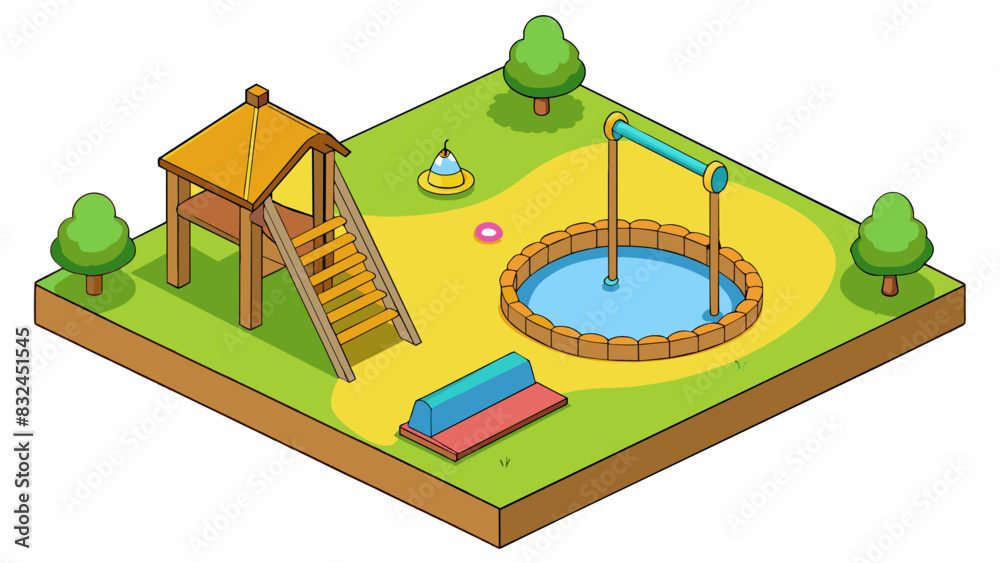 Poster the yard is equipped with a wooden swing set a sandpit and a yellow slide making it a perfect play a