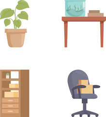 Collection of officethemed vector illustrations including a potted plant, fish tank, bookshelf, and office chair