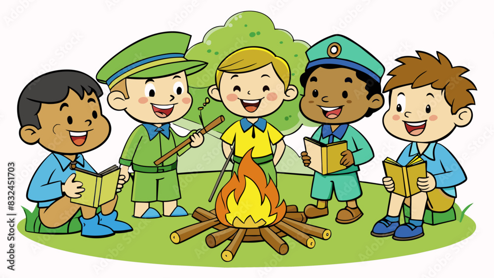 Poster troop b a team of scouts huddled together around a campfire roasting marshmallows on sticks. their b