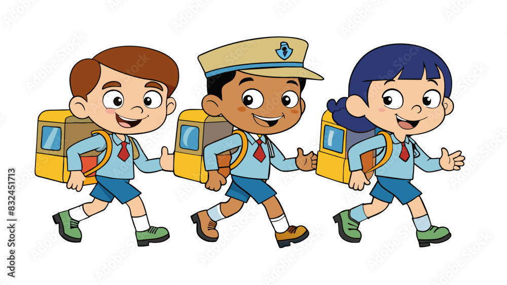 Poster troop c a group of young students walking in a line towards their school bus with their backpacks sl