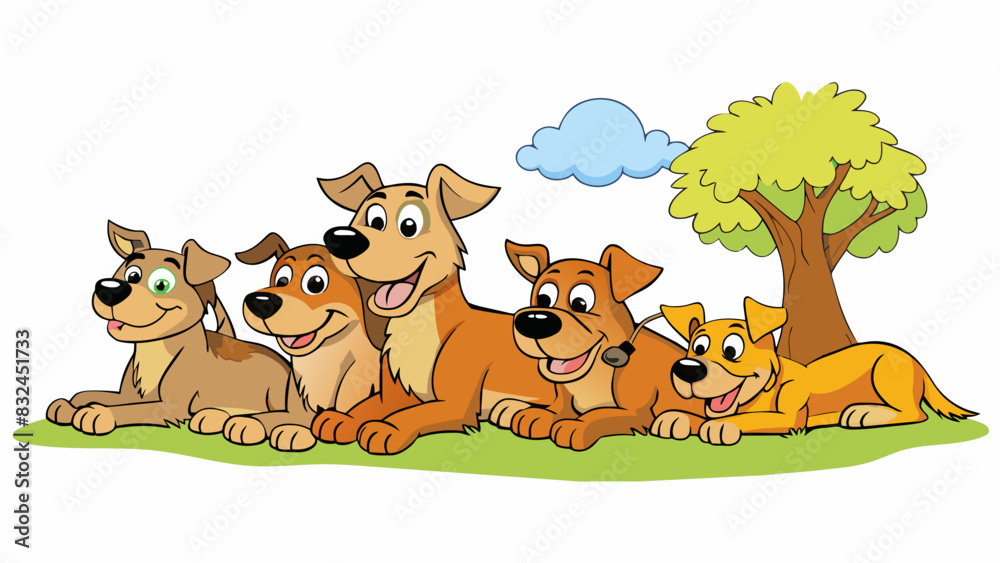 Poster troop d a pack of stray dogs lying under a tree panting in the hot sun. they are a mix of breeds wit