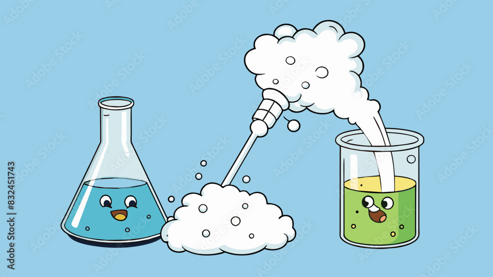 Poster Two clear liquids are poured into a beaker and immediately a white cloudy substance forms and sinks to the bottom. The liquids bubble and release a. Cartoon Vector.