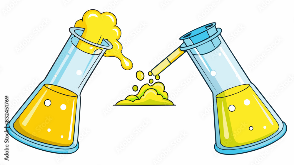 Poster Two beakers of clear liquids being poured together instantly creating a yellow foam with a strong odor.. Cartoon Vector.