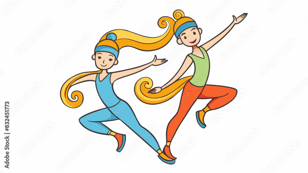 Poster Two dancers performing a synchronized routine the partnership is fluid and harmonious with both individuals moving in sync and relying on each other. Cartoon Vector.