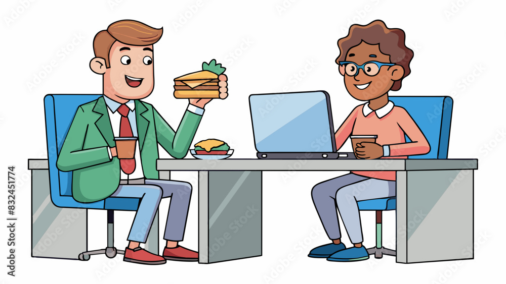 Poster two coworkers having a conversation in the office break room. one is holding a sandwich in hand whil