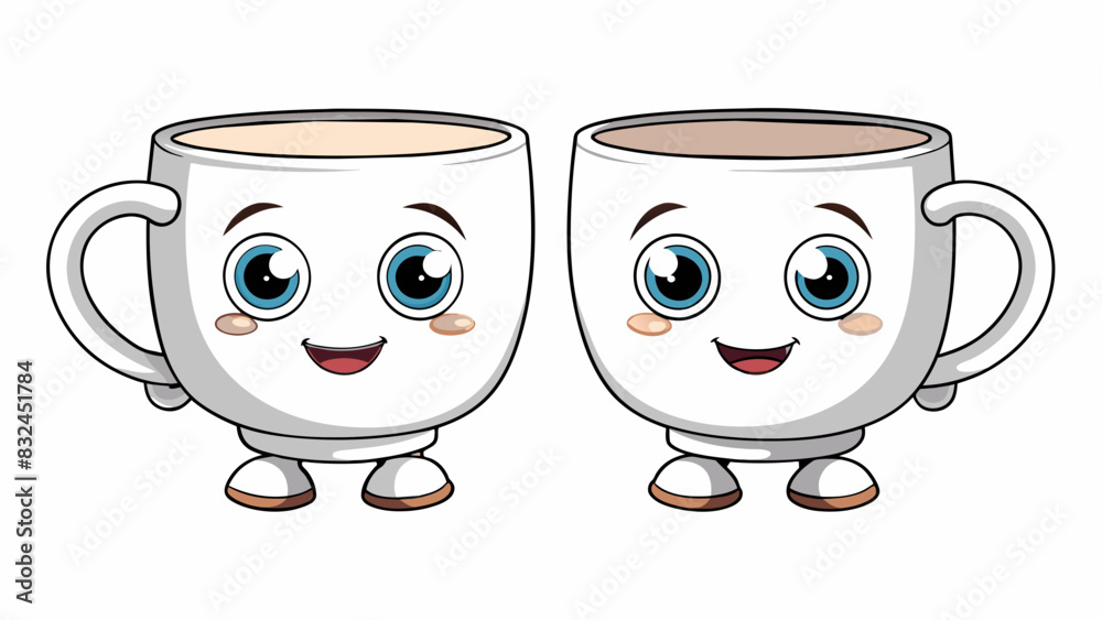 Poster Two identical white coffee mugs sitting on a table both with curved handles a shiny glazed finish and a small chip on the rim.. Cartoon Vector.