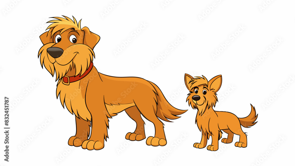 Poster Two dogs of the same breed but with clear physical differences. One is larger and has longer gier fur while the other is smaller and has a sleek short. Cartoon Vector.