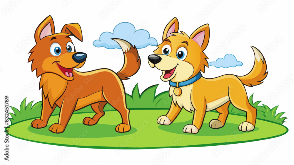 Poster two dogs playing in a park both with fluffy fur wagging tails and alert ears.. cartoon vector.
