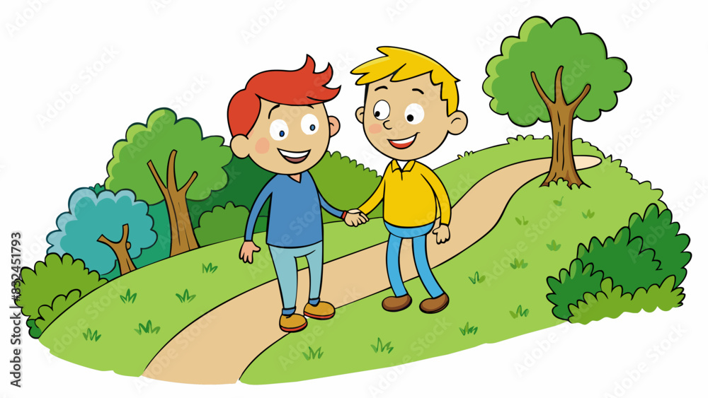 Aufkleber two friends walking down a narrow winding path in the woods their arms linked closely together as th