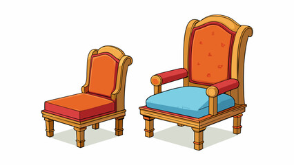 Two chairs p side by side with one being taller and wider than the other. The taller chair has a cushioned seat while the shorter one is made of wood.. Cartoon Vector.
