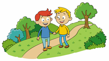 Fototapeta premium Two friends walking down a narrow winding path in the woods their arms linked closely together as they chat and laugh.. Cartoon Vector.