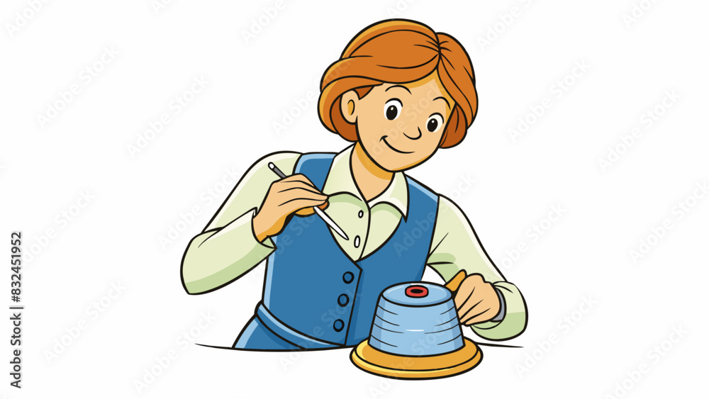 Poster with a thimble on her finger a woman handsews a button onto a shirt. her movements are delicate and 