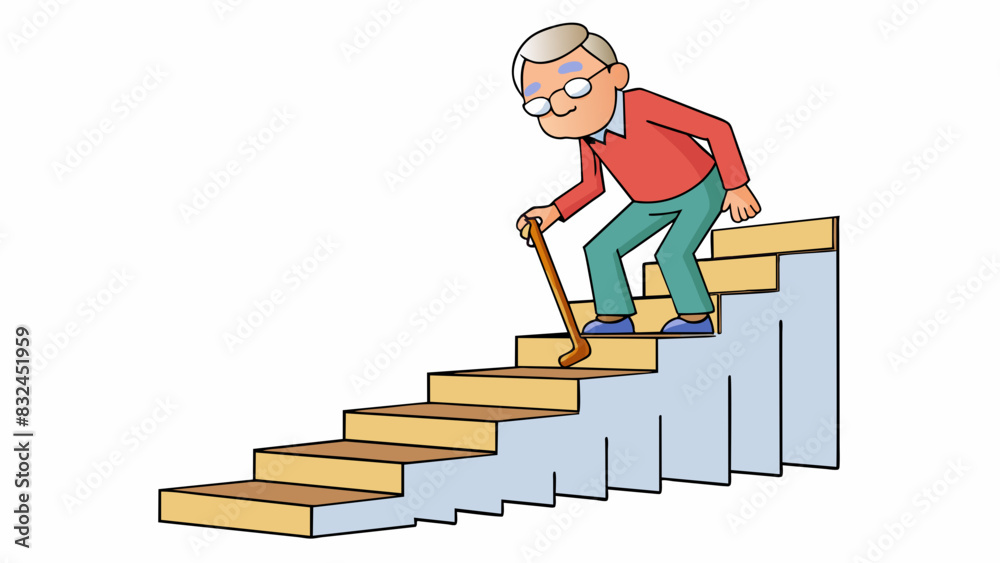 Poster with one hand on the banister the old man cautiously proceeded down the steep and narrow staircase..