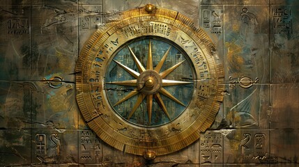 Golden compass with egyptian hieroglyphics for history or fantasy themed designs