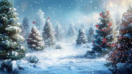 holiday background featuring a snowy landscape with decorated evergreen trees