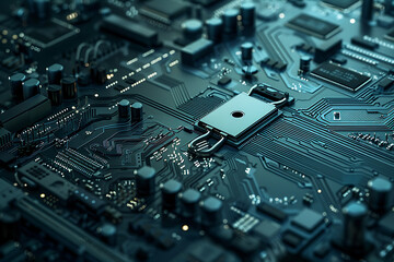 A lock on a computer board in a futuristic style symbolizes a cutting-edge cyber security concept.