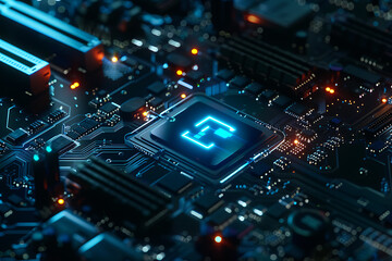 A lock on a computer board in a futuristic style symbolizes a cutting-edge cyber security concept.