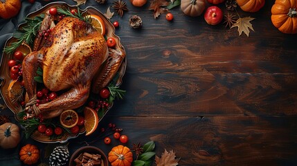 holiday background featuring a Thanksgiving table with a roasted turkey and autumn decorations
