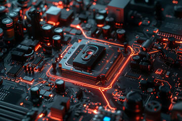 A lock on a computer board in a futuristic style symbolizes a cutting-edge cyber security concept.