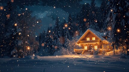 holiday background showcasing a cozy cabin in the snow with twinkling lights