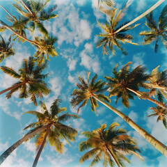 Tropical Serenity: Skyward View of Palm Trees against Blue Sky