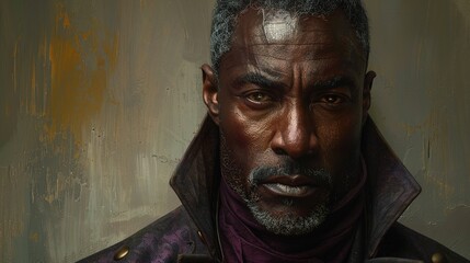 Fototapeta premium Intense Portrait of a Scary, Broad-Shouldered Middle-Aged African Man with Shaven Head and Piercing Eyes in Deep Purple Turtleneck and Black Jacket, Against a Bright Background