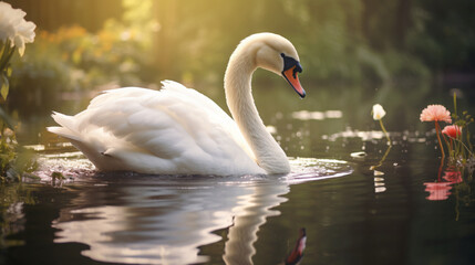 Fototapeta premium A swan is swimming in a pond with flowers in the background. 