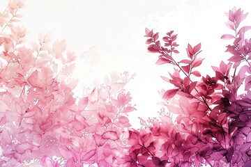 Pink Algae, Watercolor Leaves on White Background, Space for Text