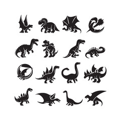 Fototapeta premium Black dinasour silhouette set white Background