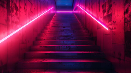 A staircase with neon lights on it