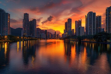 Naklejka premium Sunset city skyline with reflections on a calm river, warm oranges and pinks, highresolution photography, serene and picturesque,