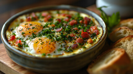 Savory Baked Eggs in Pan With Herbs and Spices Close-Up