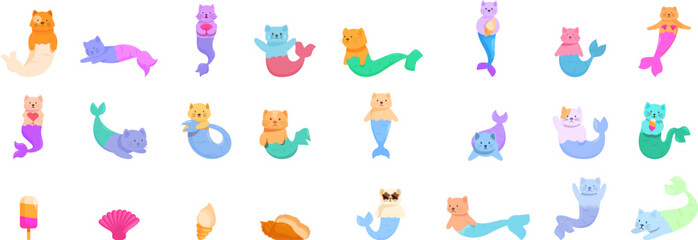 Obraz premium Mermaid cats icons set vector. A collection of cartoon mermaids in various colors and sizes. Some are swimming, some are laying on the ocean floor, and some are holding objects like a cup and a bottle