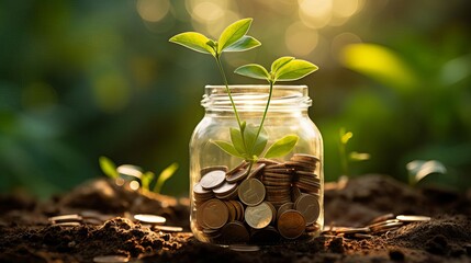 Glass jar filled with money and a growing sprout, symbolizing saving and investment, with sunlight at dawn focus on financial security, dynamic, blend mode, sunrise backdrop