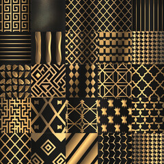 Collection of seamless geometric golden minimalistic patterns. Simple vector graphic black print background. Repeating line abstract texture set. Stylish trellis gold square. Geometry web page fill
