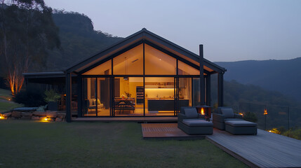 Twilight Serenity at a Modern Forest Cabin Retreat