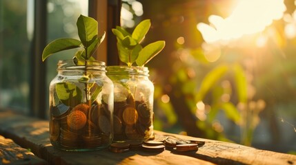 Two clear mason jars filled with a variety of coins and small green plants on a wooden surface. - Powered by Adobe
