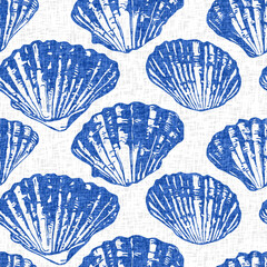 Azure blue white shell motif with linen seamless batik background. Modern coastal beach cottage rustic shell block print home decor pattern design in sealife beach style. 
