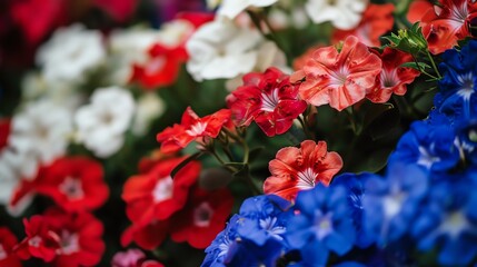 A vibrant display of colorful flowers in bloom, featuring red, white, and blue petals, creating a beautiful and lively garden scene.