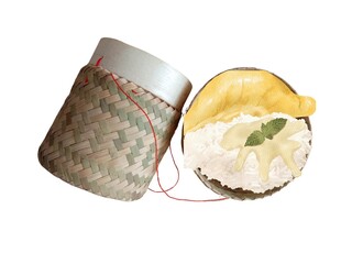 Sticky rice in woven, bamboo sticky rice container isolated on white background.